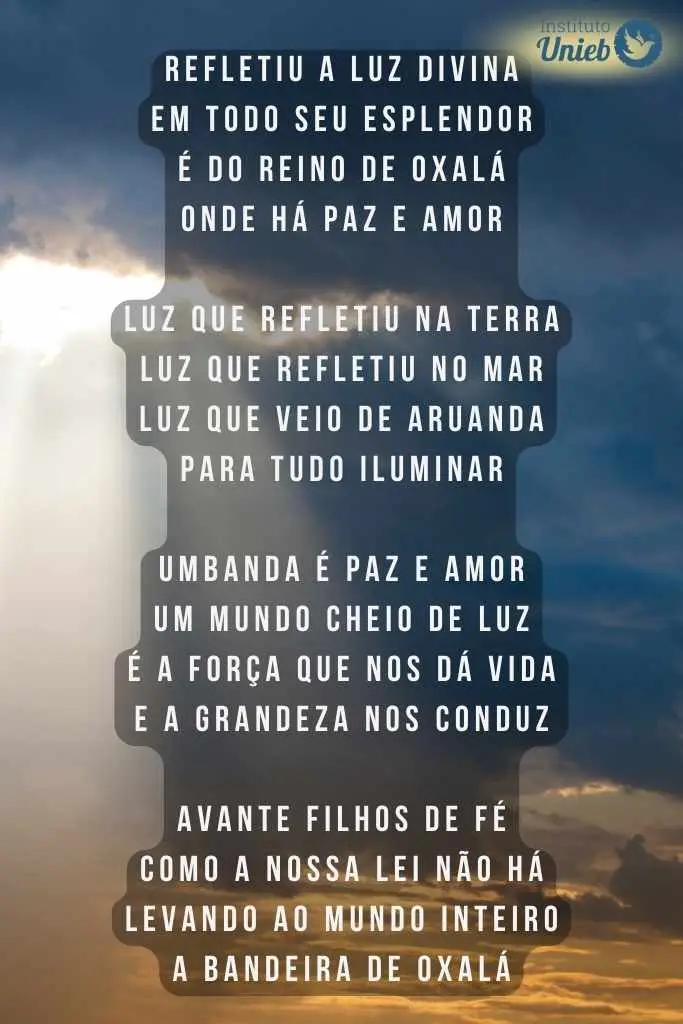 ao fundo há nuvens e uma luz que ilumina o horizonte com um texto que é o hino da Umbanda, acima há a logo do Instituto Unieb