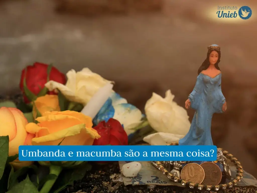 oferenda feita a Entidades Espirituais com vela, rosas em cor amarelo, vermelho e branco, moedas, um bracelete e uma pequena imagem da Orixá Iemanjá usando vestes azuis, com frase em fundo azul que diz "Umbanda e macumba são a mesma coisa?" e logo acima do Instituto Unieb
