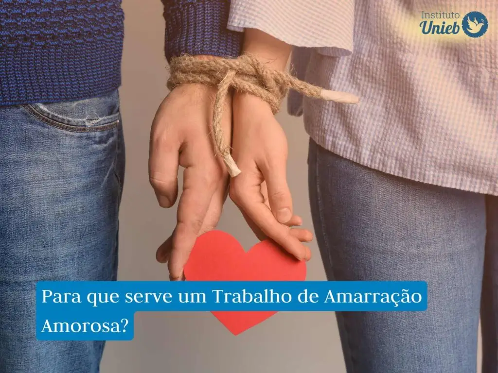 homem e mulher amarrados com braços amarrados enquanto seguram um coração vermelho de papel, há uma frase em fundo azul que diz "para que serve um Trabalho de Amarração Amorosa?" e um logo acima do Instituto Unieb