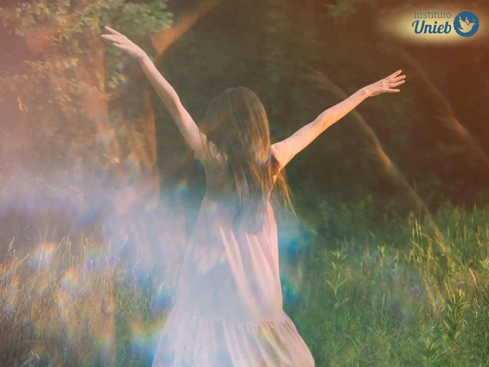 Mulher de vestido e de costas com os braços para o alto ao ar livre - Instituto Unieb (Pai de santo Roberson Dariel) - Contato 11 96982-1121 - CEP 14801-040 - Av. Dom Pedro II 562, Centro, Araraquara, SP