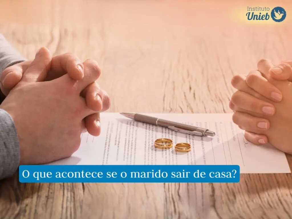Mãos fechadas sob a mesa com papel de divórcio, uma caneta e as duas alianças em cima do papel