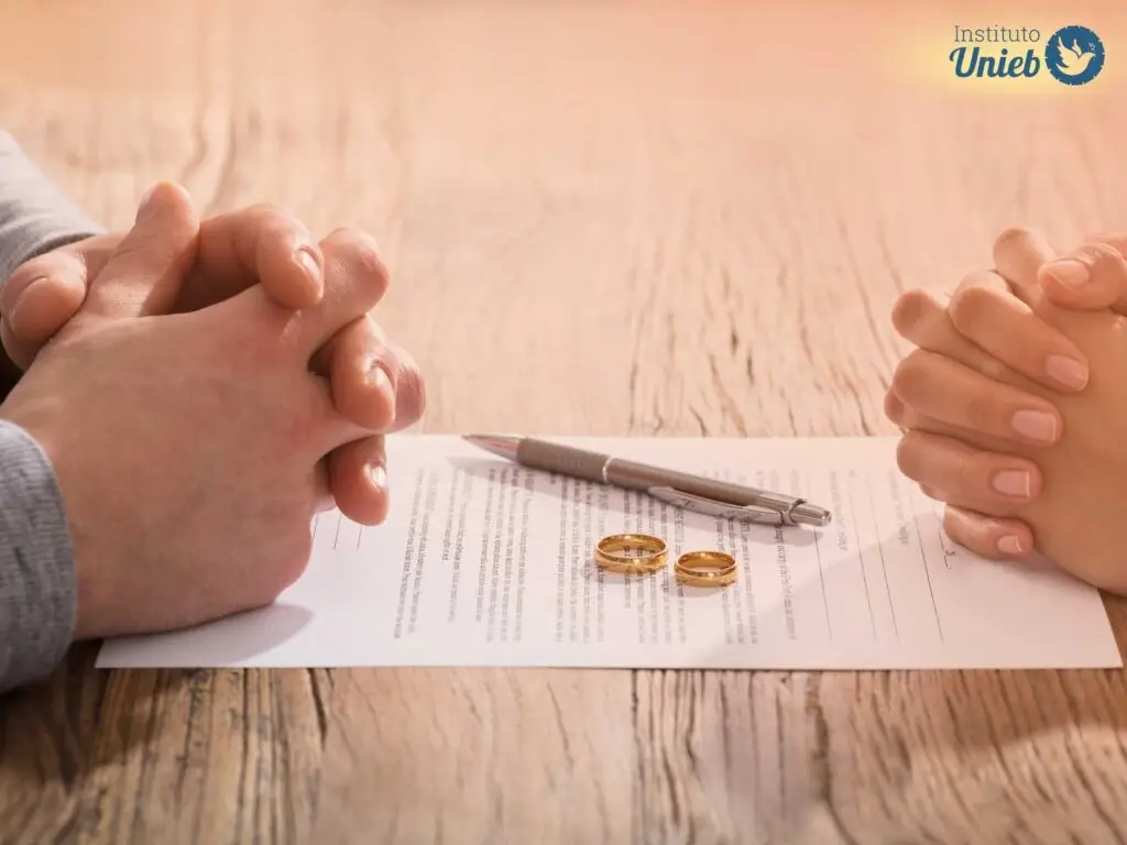 Mãos fechadas sob a mesa com papel de divórcio, uma caneta e as duas alianças em cima do papel