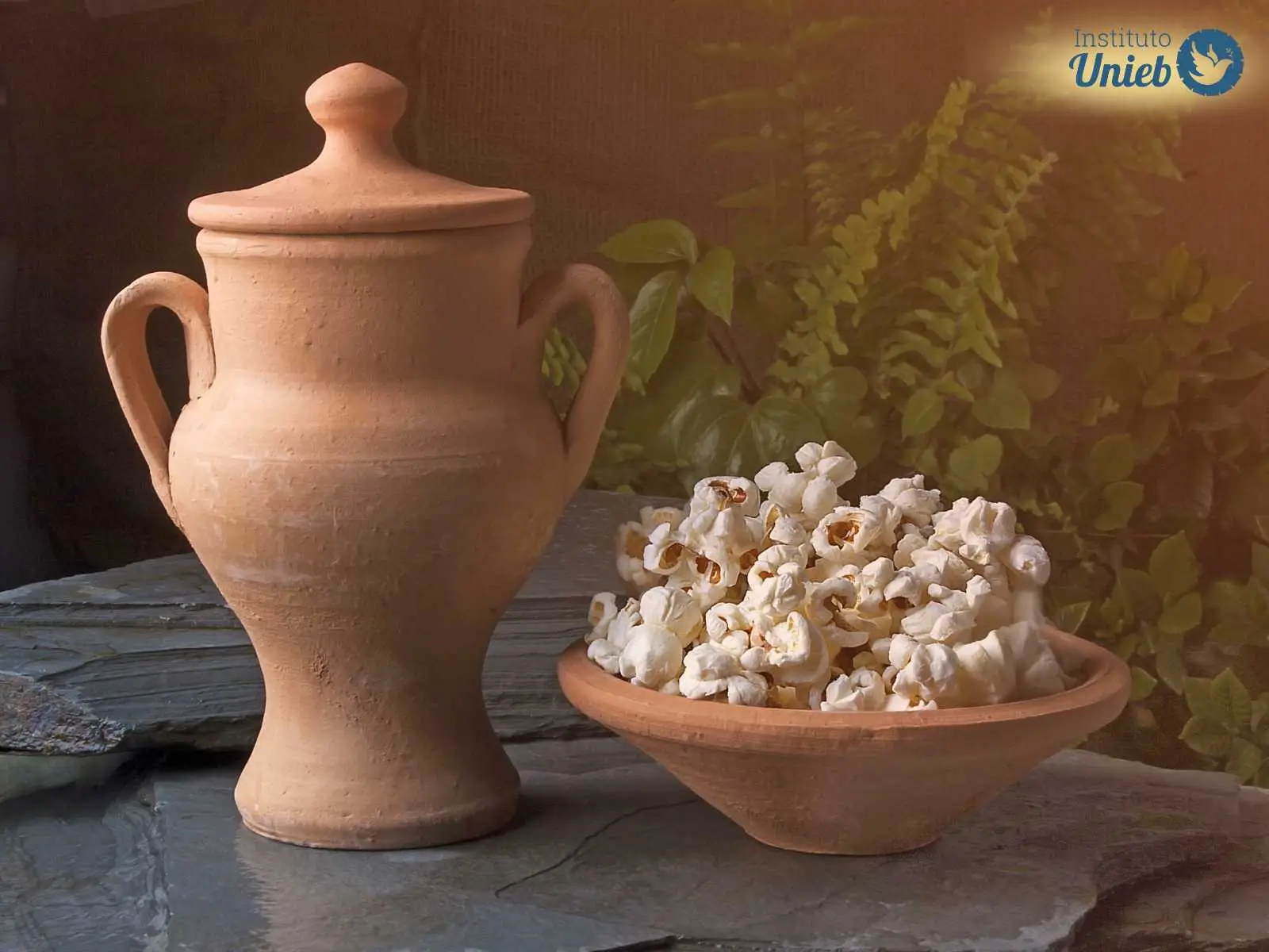 Oferenda com jarro de barro com tampa e vasilha de barro com pipoca dentro - Instituto Unieb (Pai de santo Roberson Dariel) - Contato 11 96982-1121 - CEP 14801-040 - Av. Dom Pedro II 562, Centro, Araraquara, SP