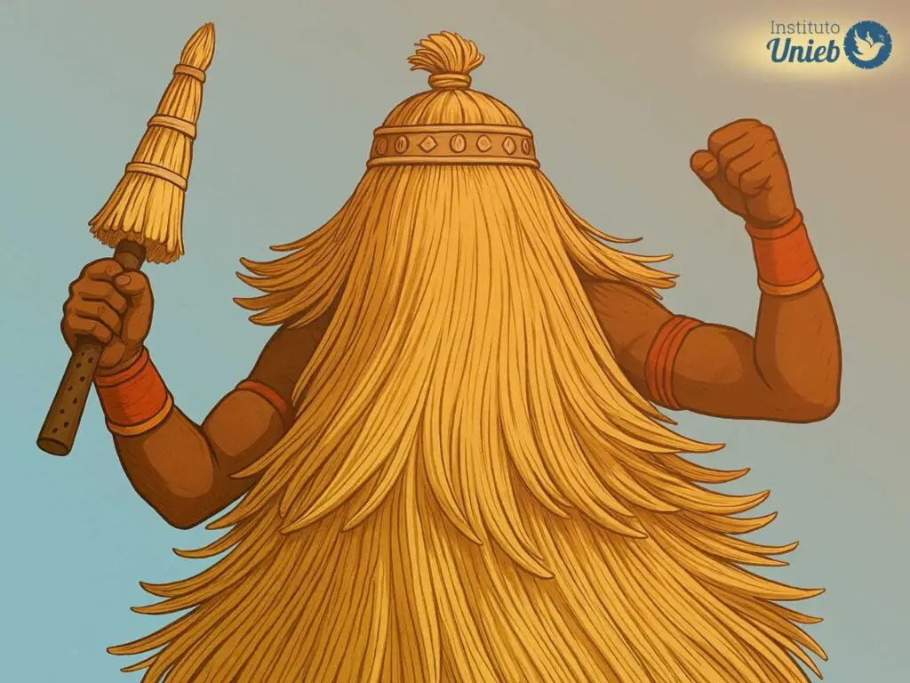 Ilustração de Omulu, divindade espiritual que usa roupa de palha cobrindo rosto e corpo