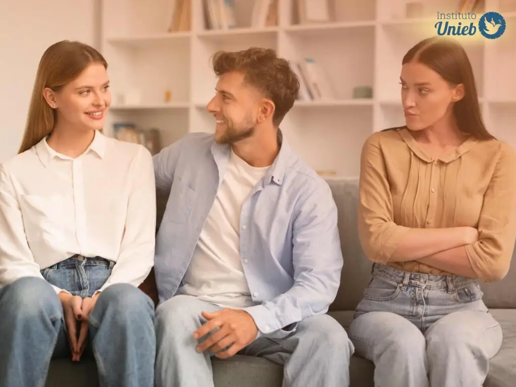 Três pessoas sentadas em um sofá, onde o homem, entre duas mulheres, abraça a da esquerda e a mulher da direita parece brava