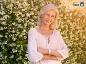 Mulher com mais de 50 anos vestindo camiseta branca com cabelos grisalhos e ao flores brancas