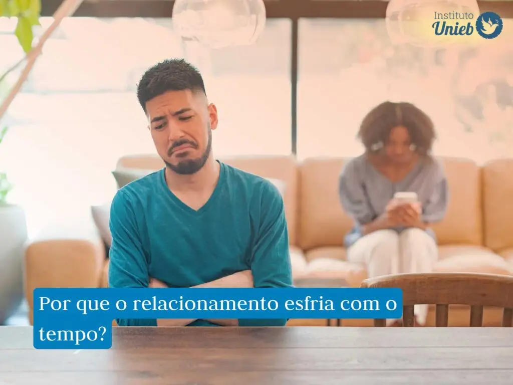 Homem sentado à mesa de braços cruzados e expressão de tristeza com mulher ao fundo sentada no sofá mexendo no celular