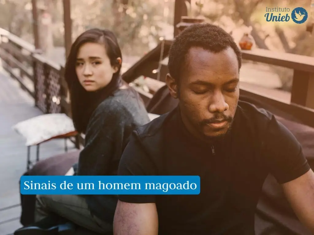 Homem e mulher sentados em banco ao ar livre de costas um para o outro
