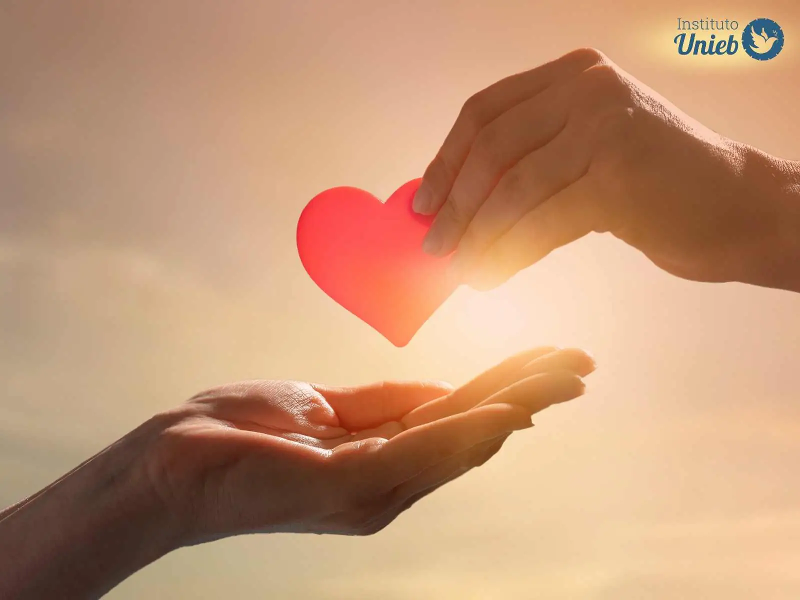 Uma mão com a palma virada para cima e outra segurando um coração no ar com sol entre as nuvens ao fundo - Instituto Unieb (Pai de santo Roberson Dariel) - Contato 11 96982-1121 - CEP 14801-040 - Av. Dom Pedro II 562, Centro, Araraquara, SP