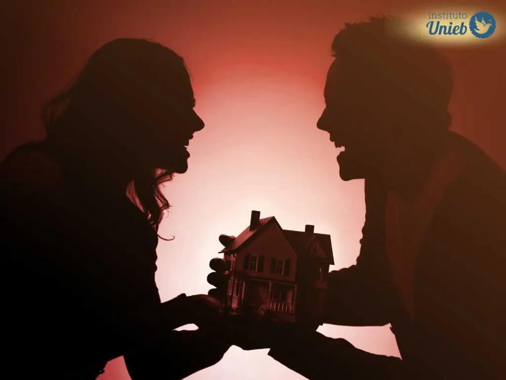 Silhueta de homem e mulher brigando enquanto seguram uma casa com as mãos