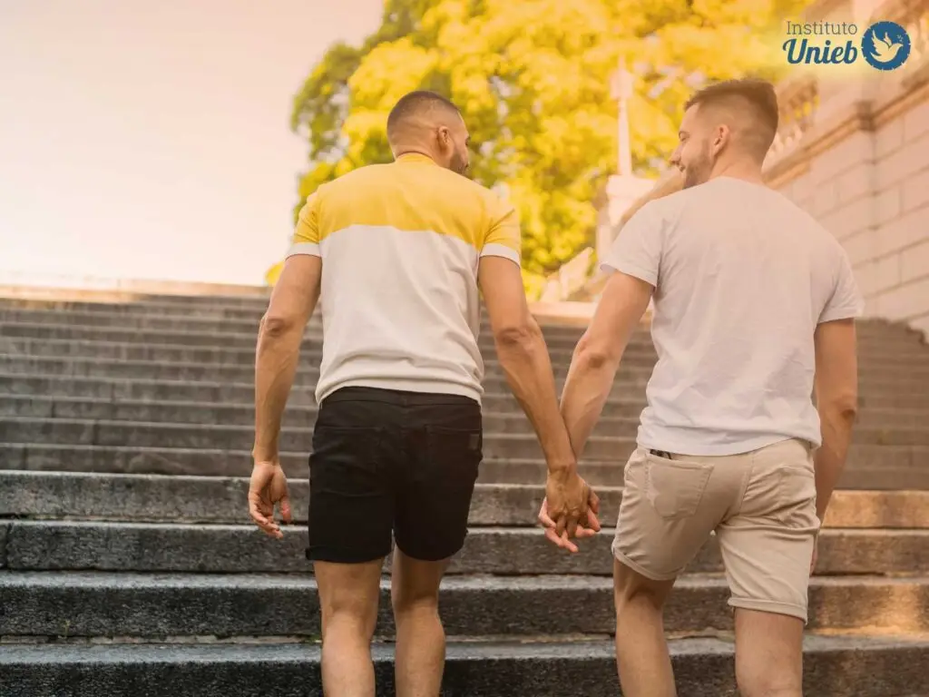 Casal de dois homens homossexuais de costa subindo uma escadaria de cimento em um local público com mãos dadas