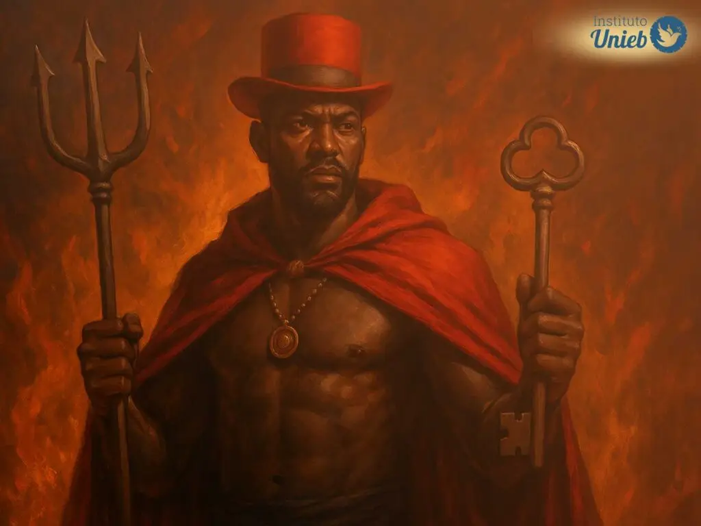 Figura de um homem vestindo capa e chapéu vermelhos, segurando um tridente em uma mão e uma chave em outra, representando Exu para proteção