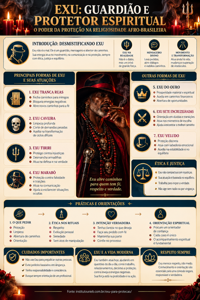 Exu para proteção: saiba tudo sobre essa Entidade! Infográfico informativo sobre Exu para proteção