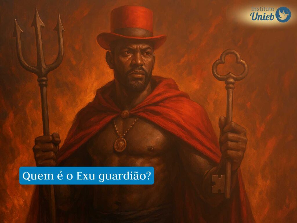 Exu para proteção: saiba tudo sobre essa Entidade! Figura de um homem vestindo capa e chapéu vermelhos, segurando um tridente em uma mão e uma chave em outra, representando Exu para proteção