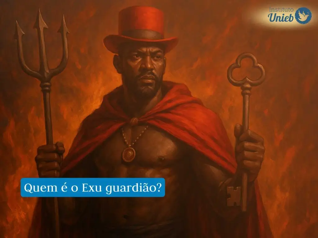 Figura de um homem vestindo capa e chapéu vermelhos, segurando um tridente em uma mão e uma chave em outra, representando Exu para proteção