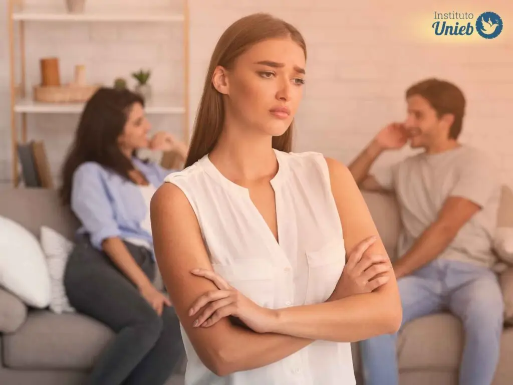 Homem e mulher conversam ao fundo sentados em um sofá e uma mulher vestindo blusa branca com braços cruzados está à frente com expressão de tristeza