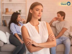 Homem e mulher conversam ao fundo sentados em um sofá e uma mulher vestindo blusa branca com braços cruzados está à frente com expressão de tristeza