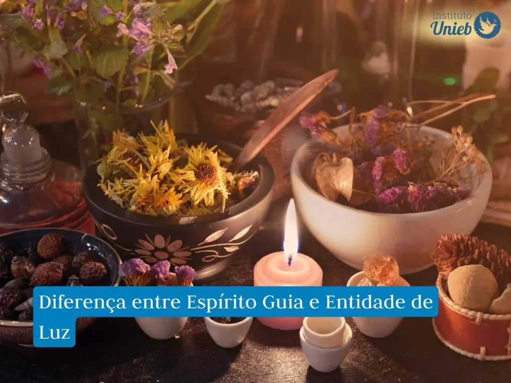 Mesa com cuias com plantas e flores secas, vela acesa e outros materiais usados em rituais
