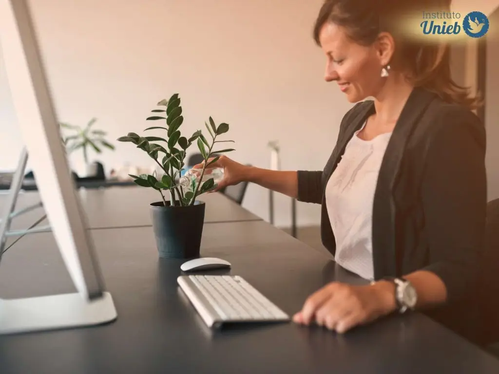Mulher com roupa formal em local de trabalho regando um vaso de planta sob a mesa de trabalho onde também tem um monitor, um teclado e um mouse - Instituto Unieb (Pai de santo Roberson Dariel) - Contato 11 96982-1121 - CEP 14801-040 - Av. Dom Pedro II 562, Centro, Araraquara, SP