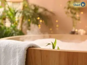 Banheira de madeira em tom claro com espuma branca, folhas verdes e uma toalha apoiada na borda - Instituto Unieb (Pai de santo Roberson Dariel) - Contato 11 96982-1121 - CEP 14801-040 - Av. Dom Pedro II 562, Centro, Araraquara, SP