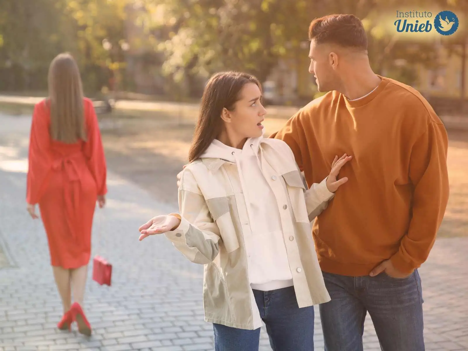Casal de homem e mulher andando na rua e outra mulher de costas passando, parceiro olha para traz para admirar a outra mulher