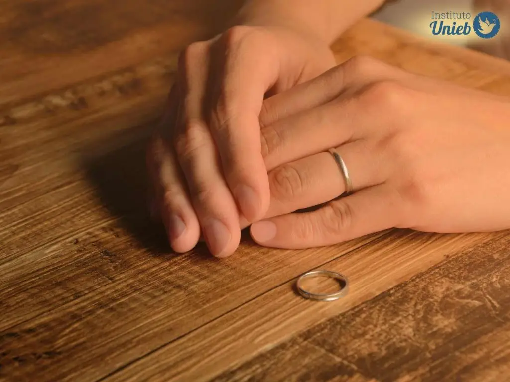 Mãos uma sob a outra em uma mesa de madeira com uma aliança sob a mesa retratando problemas no relacionamento e possível separação