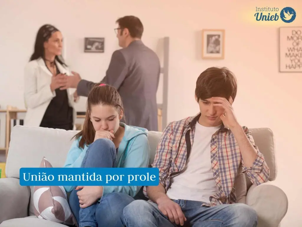 Casal de homem e mulher brigando ao fundo e casal de filhos adolescentes sentados no sofá com preocupação