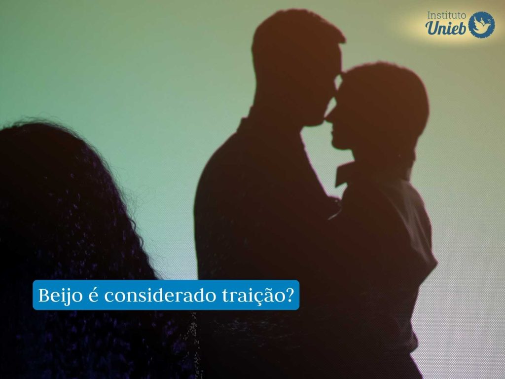 Casal beijando ao fundo enquanto mulher observa à frente indicando que seu parceiro está cometendo uma traição ao beijar outra mulher