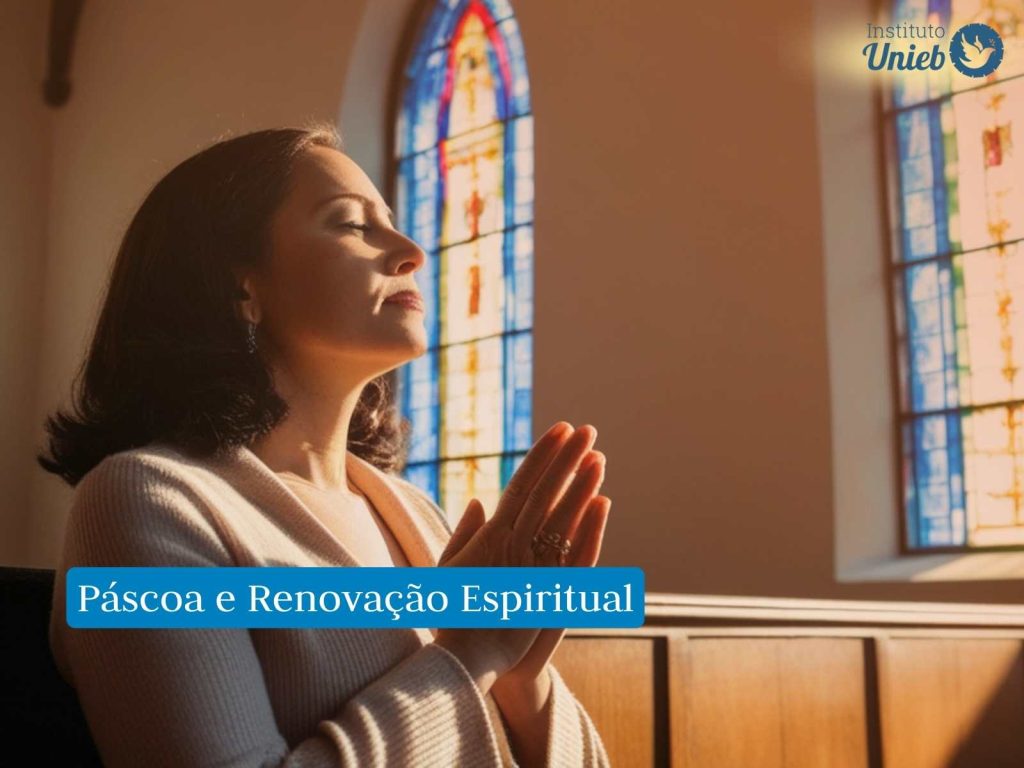 Mulher orando dentro de igreja simbolizando o período de Páscoa e Renovação Espiritual