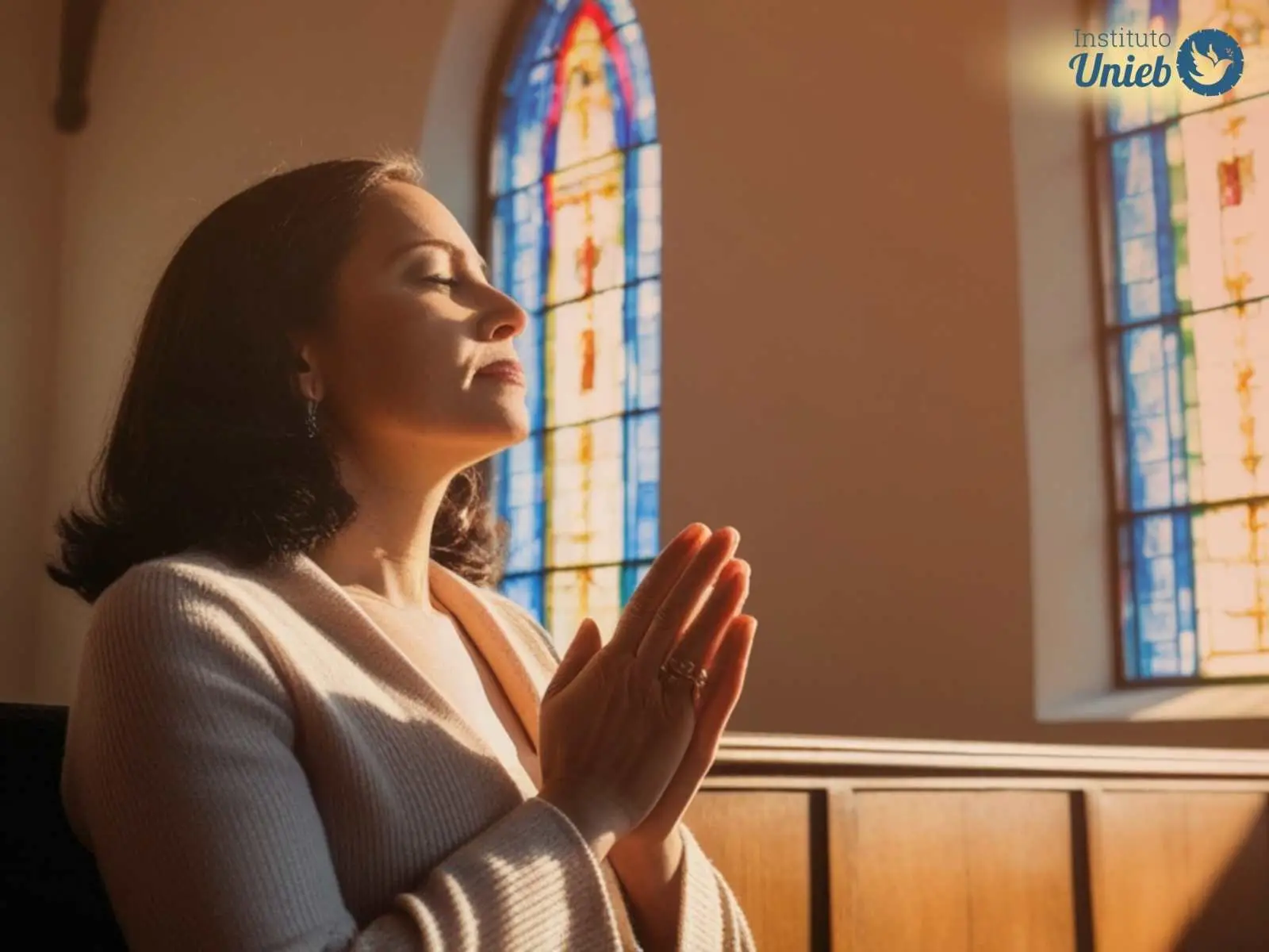 Mulher orando dentro de igreja simbolizando o período de Páscoa e Limpeza Espiritual