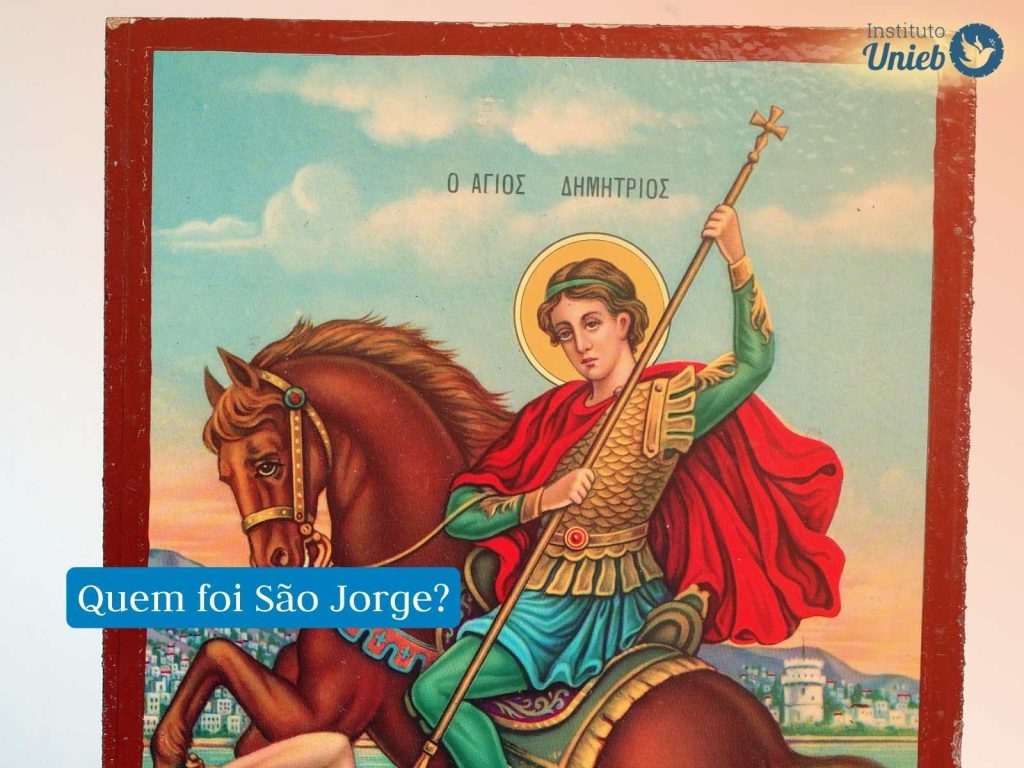 Representação de São Jorge, o Santo guerreiro sentado em seu cavalo em posição de combate