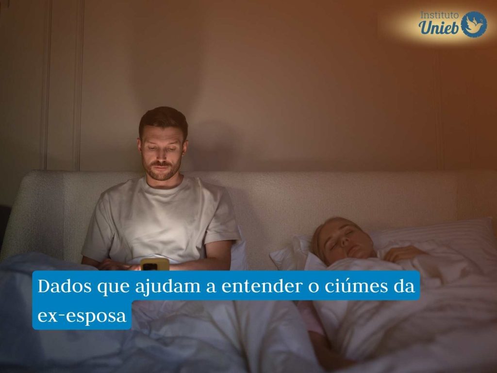 Homem deitado na cama mexendo no celular enquanto esposa dorme ao lado representando um marido que tem ciúmes da ex-esposa
