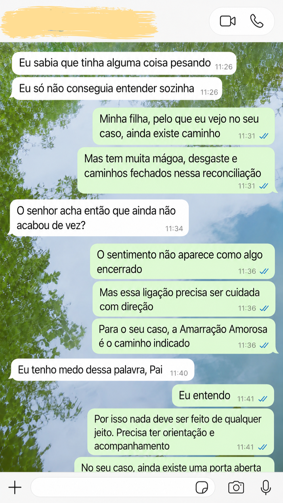 Conversa de WhatsApp em que Pai Roberson recomenda Amarração Amorosa para reaproximação do casal