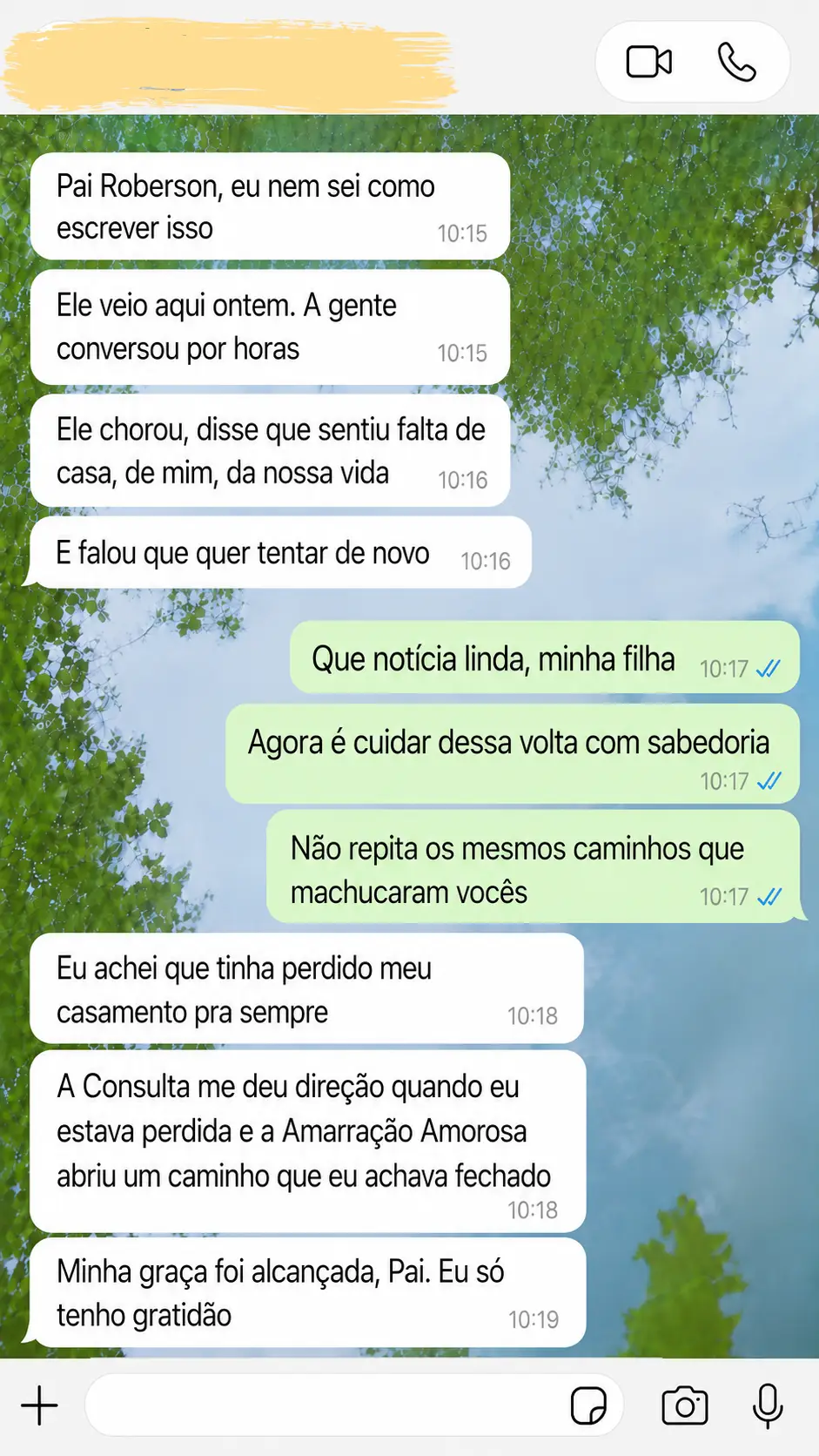 Print de WhatsApp com depoimento de gratidão por reconciliação conjugal após Amarração Amorosa