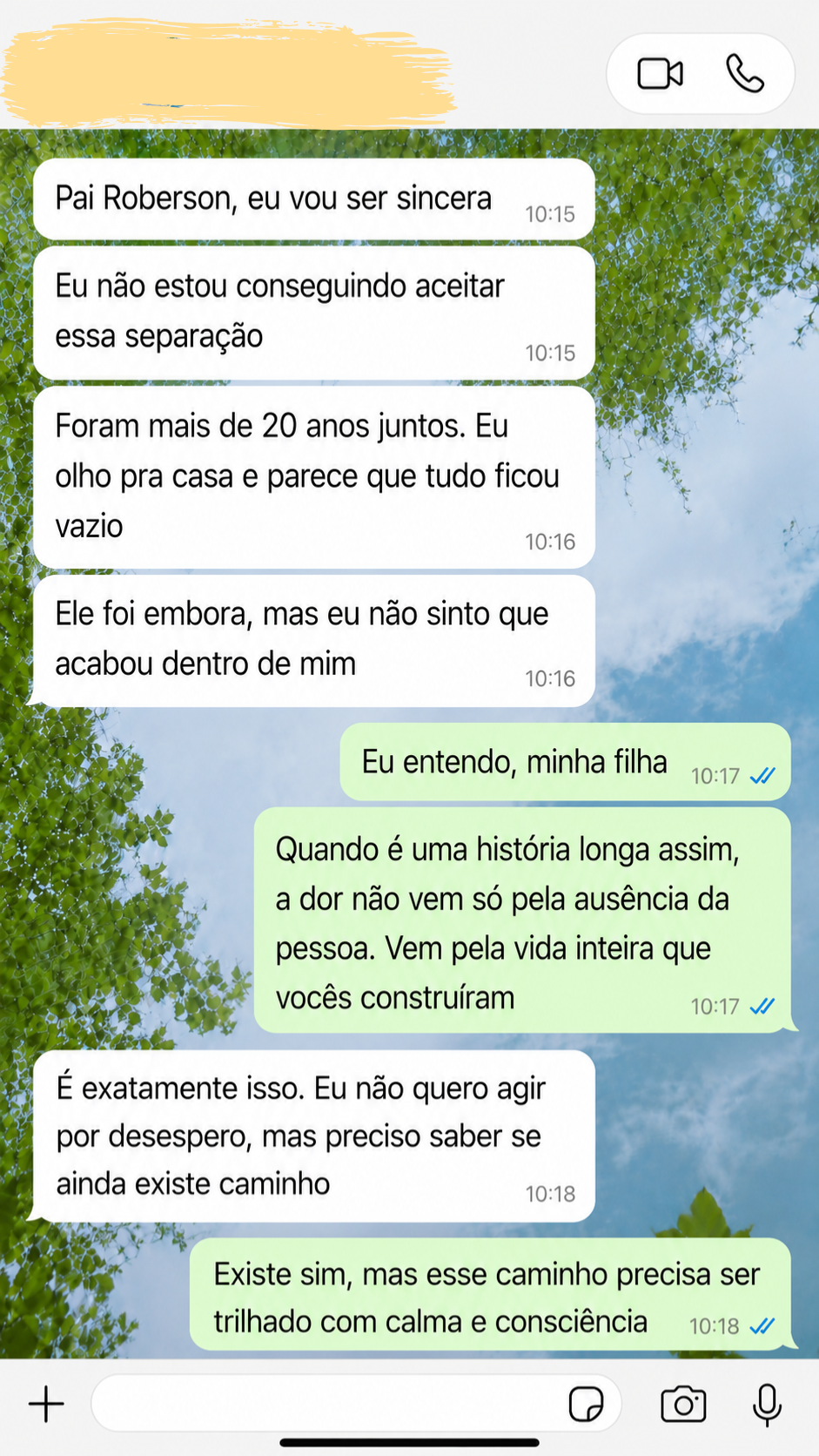 Print de conversa WhatsApp sobre separação após 20 anos de casamento e pedido de orientação espiritual