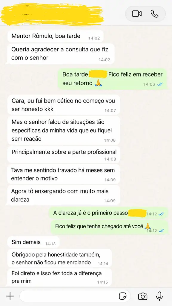 Chat no WhatsApp de cliente que era cético mas ficou impressionado com a clareza e precisão da consulta com Mentor Rômulo.