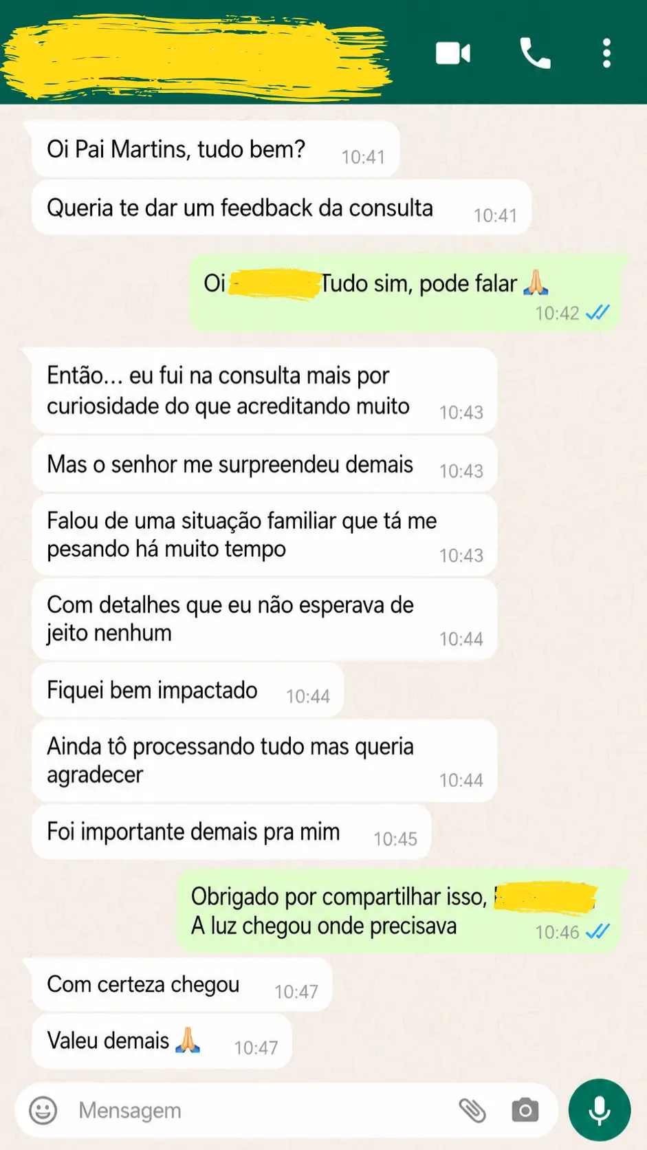 Conversa no WhatsApp em que o cliente relata ter ido à consulta mais por curiosidade e saiu muito impactado e grato.