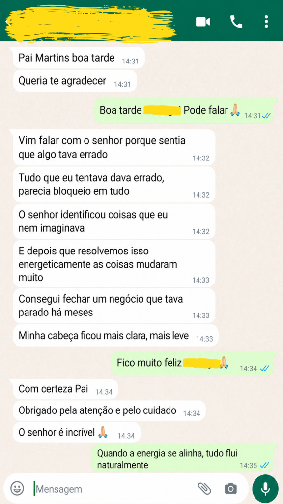 Print de WhatsApp de cliente agradecendo Pai Martins por destravar negócio parado há meses