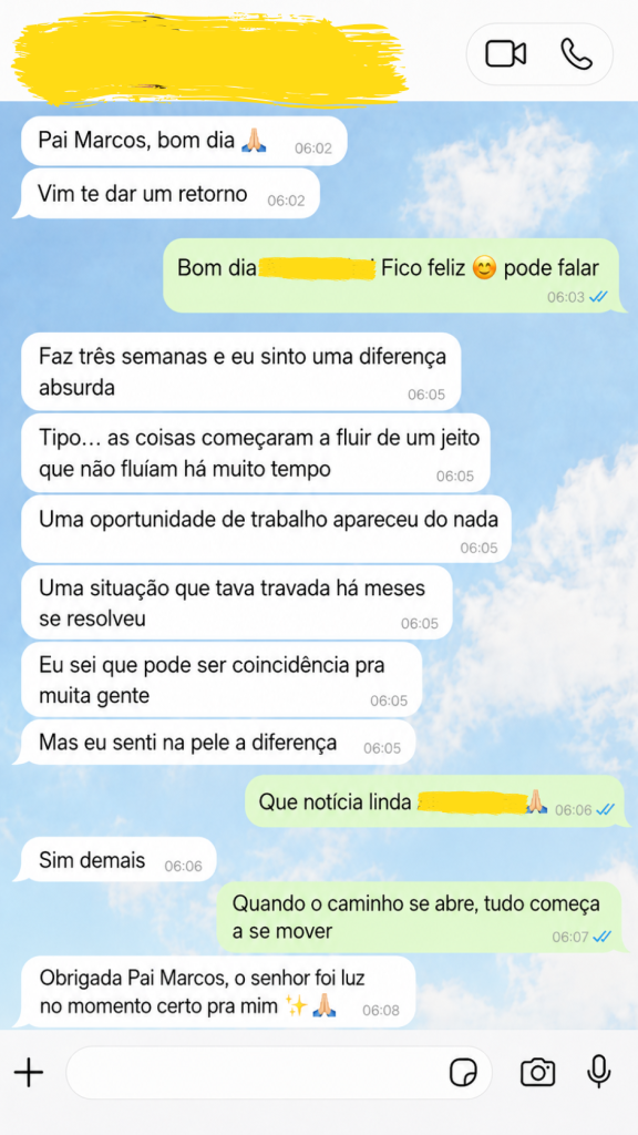 Cliente relatando oportunidade de trabalho surgida após consulta com Pai Marcos