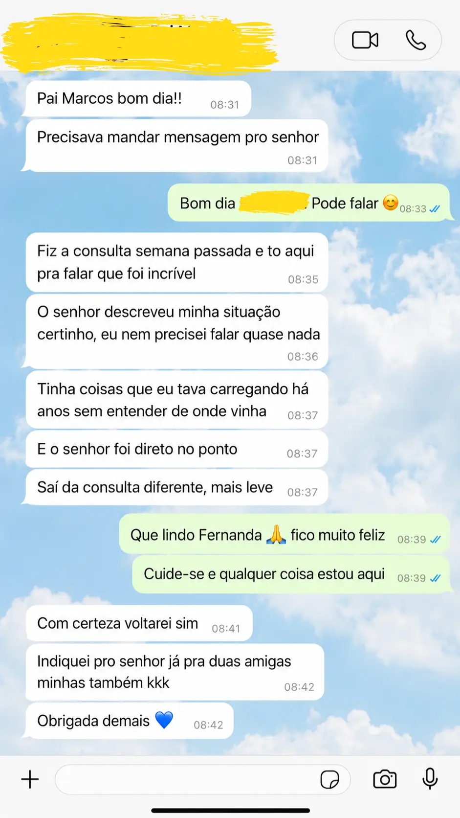Conversa no WhatsApp onde Fernanda elogia a precisão da consulta com Pai Marcos e conta que saiu mais leve e com clareza.