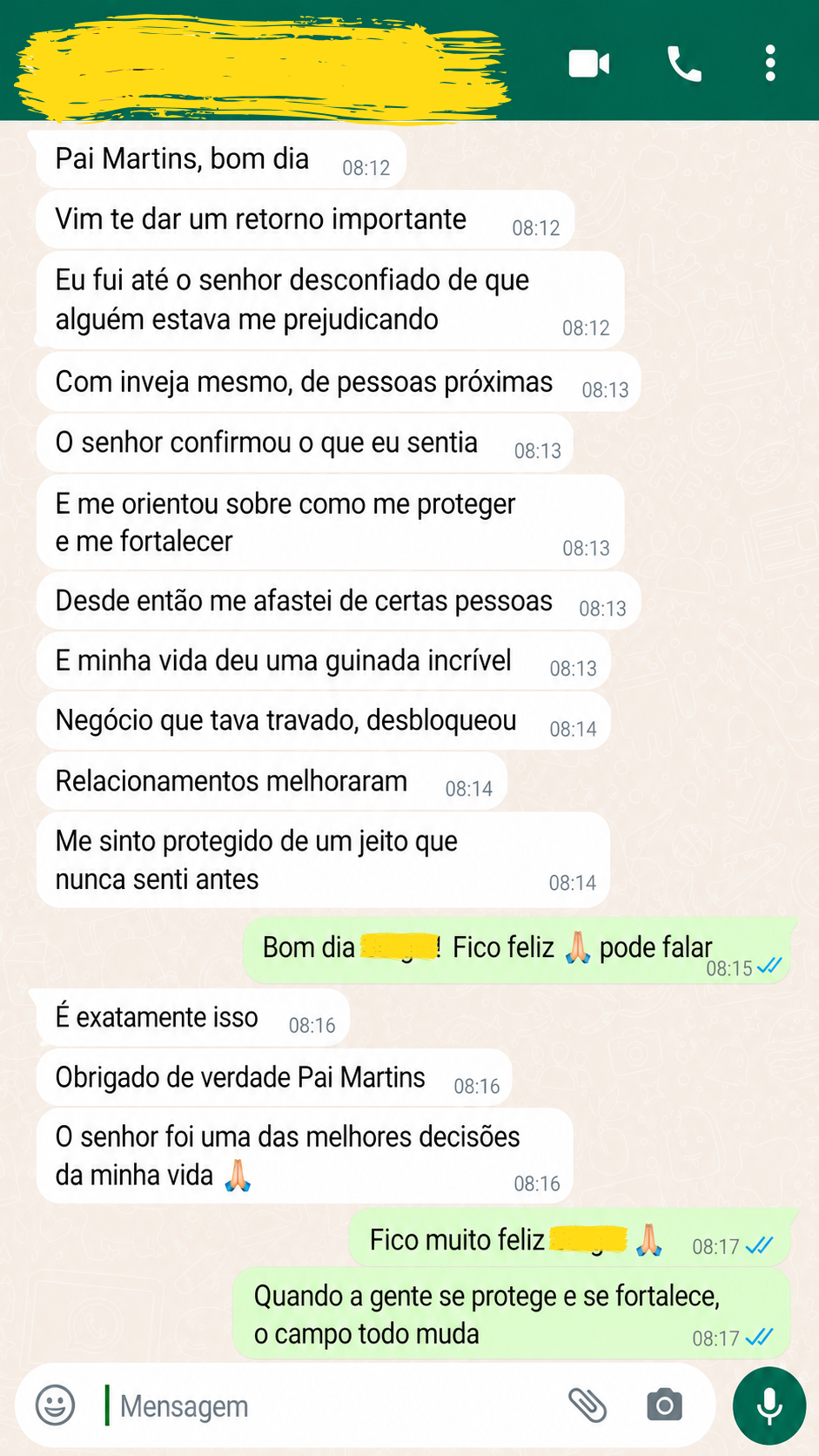 Print de WhatsApp de cliente relatando proteção espiritual e melhora em negócios e relacionamentos com Pai Martins
