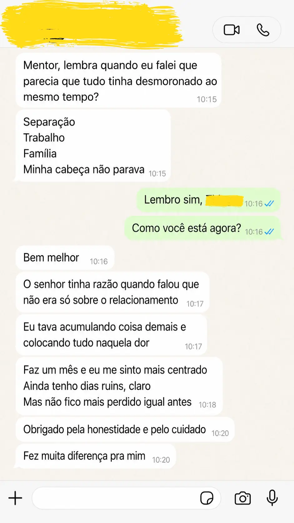Chat no WhatsApp onde o mentor pergunta como a pessoa está após crise que envolveu separação, trabalho, família e sobrecarga mental.
