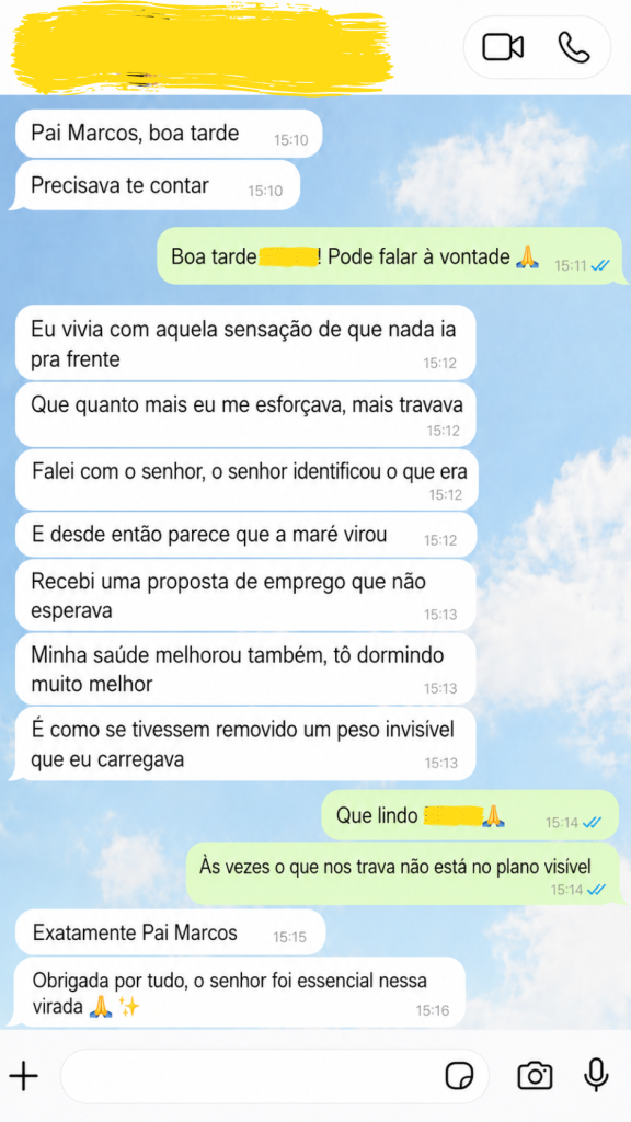 Print de conversa de WhatsApp com cliente agradecendo Pai Marcos por desbloqueio profissional e melhora no sono