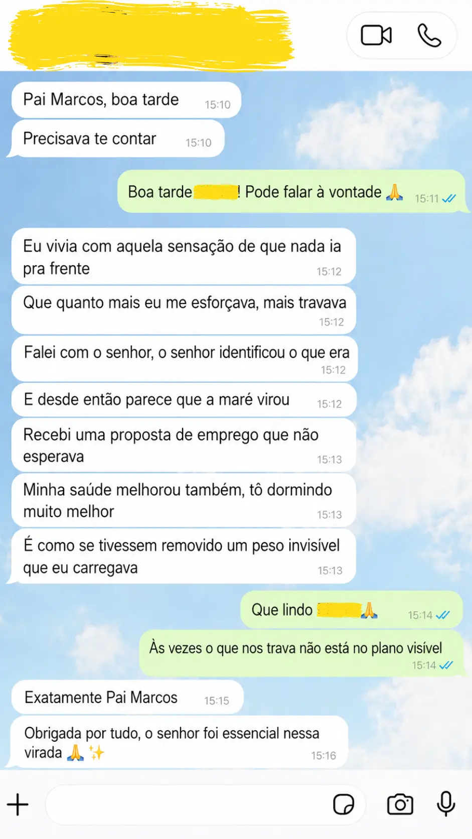 Print de conversa de WhatsApp com cliente agradecendo Pai Marcos por desbloqueio profissional e melhora no sono