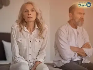 Homem e mulher de meia idade sentados representando alguém que reflete sobre ter se arrependido do casamento