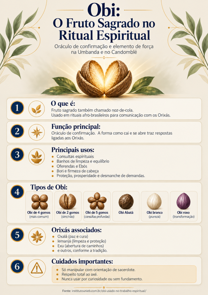 Como o Obi é usado no Trabalho Espiritual? Infográfico informativo sobre Obi usado no Trabalho Espiritual