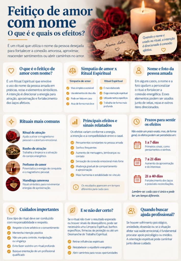 Feitiço de amor com nome: o que é e quais os efeitos? Infográfico informativo sobre feitiços de amor com nome