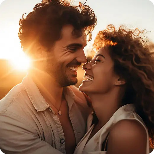 Casal sorridente e abraçado ao por do sol, com o homem vestindo camisa clara e a mulher com cabelos cacheados sorrindo de olhos fechados.
