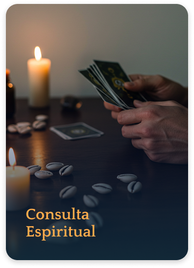 Mãos de sacerdote manuseando cartas de oráculo sobre mesa escura com búzios espalhados e velas acesas ao redor.